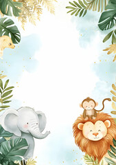 A playful jungle scene featuring a lion, elephant, monkey, and tropical foliage.