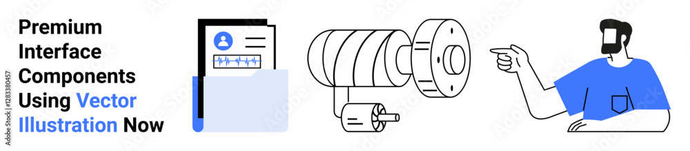 Poster person explains mechanical part near document file containing system details and gears assembly. ide