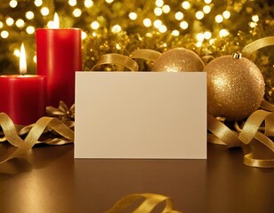 A serene holiday setting featuring candles and ornaments, perfect for a festive greeting card layout.