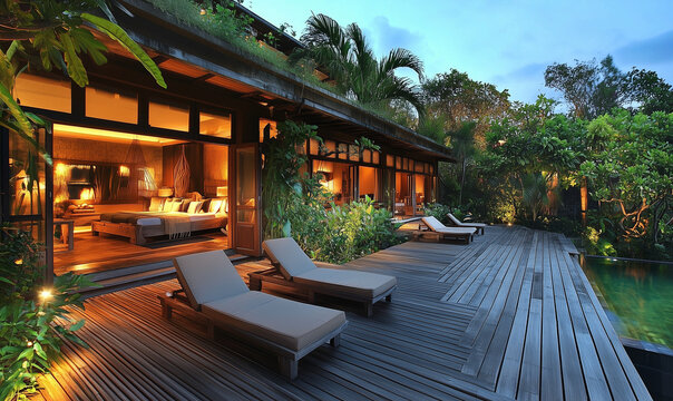 Relaxing outdoor terrace featuring wooden deck and seating creates an inviting space for serene gatherings