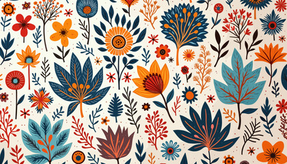 a variety of stylized flowers and plants in shades of orange, blue, and green, arranged in a repeating design.
