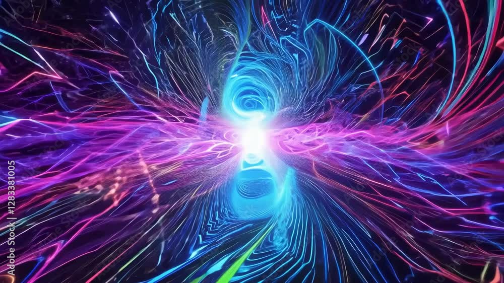 Poster bright colors swirl and intertwine, forming captivating patterns against a dark background. the dyna