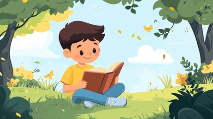 Visual Aid for Enhancing Literacy: Boy Reading Outdoors Vector Illustration