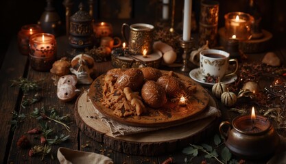 A wooden table covered in ritual food offerings, skulls, burning candles, and herbal decorations, representing a spiritual tradition connected to ancient folklore and beliefs.