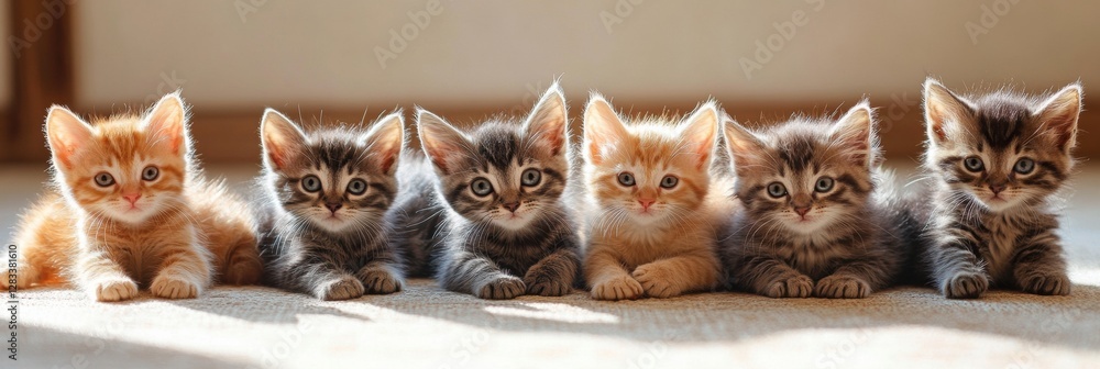 Poster six playful kittens lounging in warm sunlight on a soft surface during a cozy afternoon. generative 