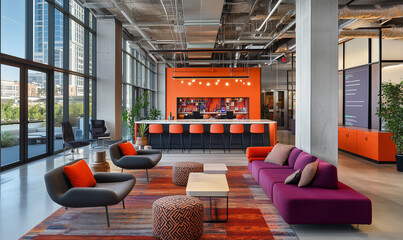 Sleek modern open office featuring expansive glass walls, contemporary design, and inspiring creative workspace ambiance