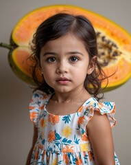 A toddler girl in summer attire in close up portrait on a plain light gray background