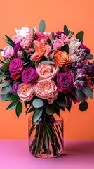 Fototapeta premium A vase brimming with purple and pink blooms atop an orange-pink table, adjacent to a wall