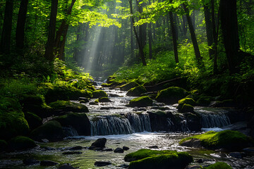 Obraz premium Serenity in Nature: A Quiet Moment by the Stream Beneath a Sunlit Forest Canopy