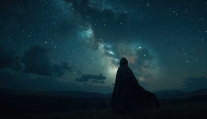 A shadowy hooded figure sits on a grassy hillside, staring at the vast starry sky, evoking the eerie beauty and mystical traditions of Walpurgis Night.