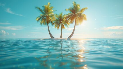 Obraz premium Island in ocean, abstract environmental background. Long banner with view on under water life, deep blue water and palm trees on the shore. HD 8K ramzan wallpaper Photographic Image