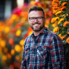 Friendly man smiling near vibrant flowers in a colorful outdoor setting during daylight hours. Generative AI