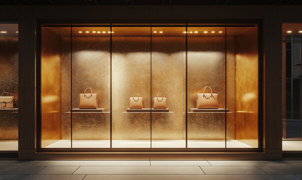 Luxury handbag store front showcasing opulent gold accents and refined design for upscale retail appeal