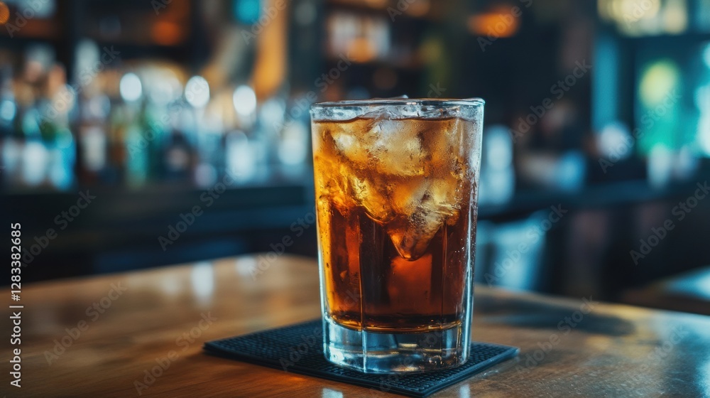 Poster refreshing iced beverage served in a clear glass on a wooden bar at a lively tavern during evening h
