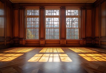 Fototapeta premium Sunlit Wooden Room Interior with Large Windows