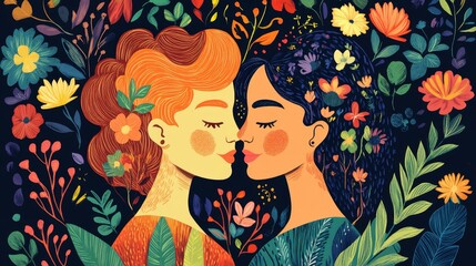 Two Women Embracing Surrounded by Colorful Flowers and Leaves in Vibrant Artwork