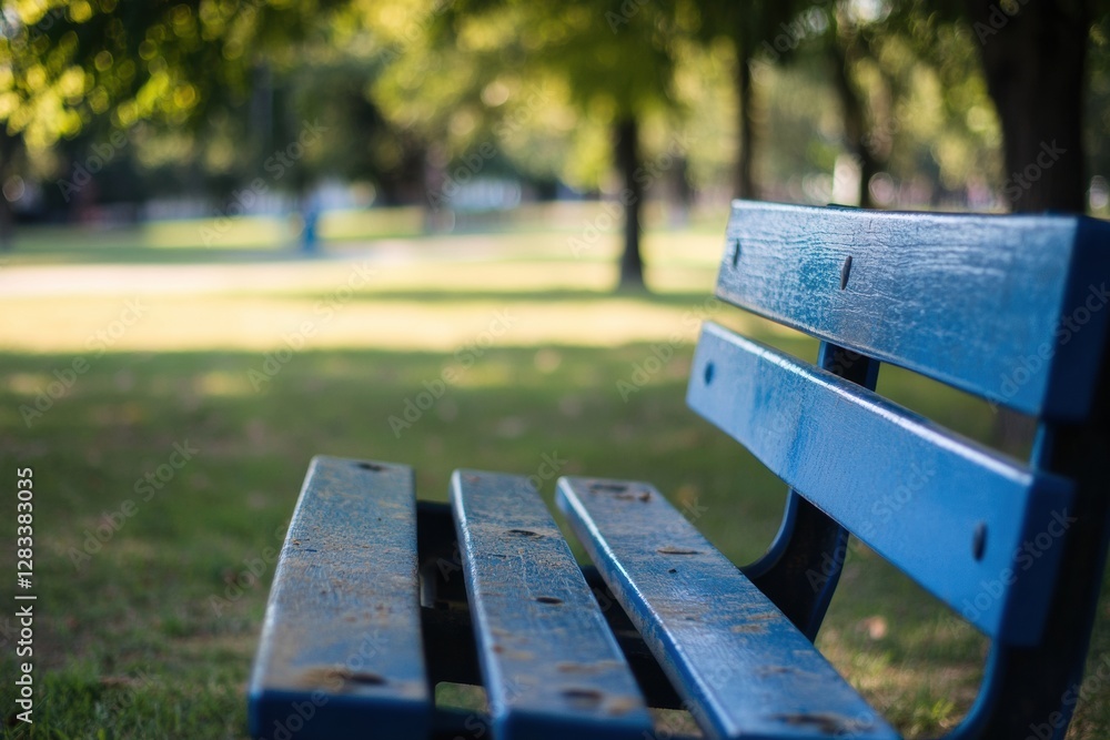Poster relaxing in a serene park with a vibrant blue bench surrounded by greenery on a sunny day. generativ