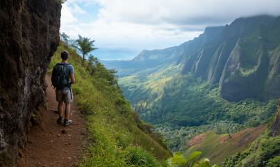 Obraz premium Cliffside hike overlooking a vast valley below, capturing breathtaking natural beauty and rugged outdoor adventure