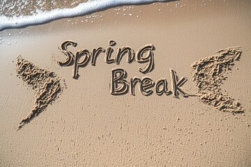 Elegant spring break message drawn in soft sand along a tranquil beach shoreline