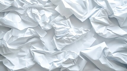 Obraz premium A close-up view of crumpled white paper creates a textured background, This image is ideal for concepts of brainstorming, recycling, or creative processes in design and marketing communications,