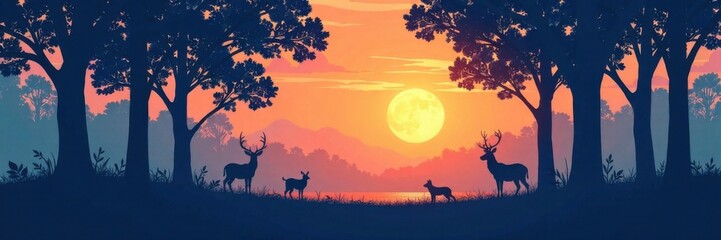 Naklejka premium Dense forest with silhouettes of blue trees and animals against a warm sunlit sky , nature, landscape, wild animals