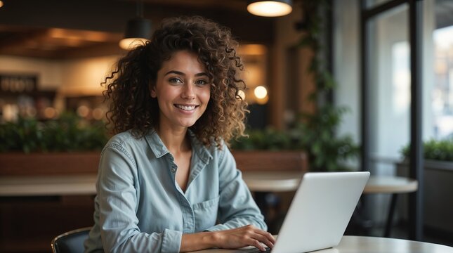 Beautiful smiling young woman with curly hair working on laptop, girl freelancer or student with computer in cafe at table, looking in camera