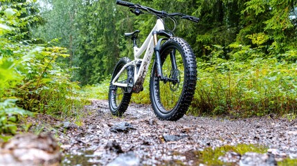 Naklejka premium Fat bike on forest trail, puddles, adventure