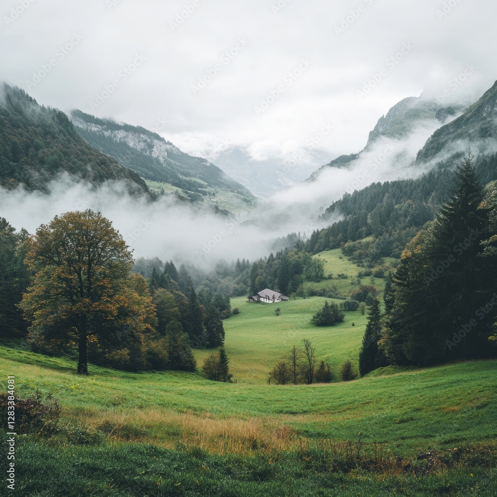 Aufkleber Misty valley view with a farmhouse surrounded by mountains and lush greenery on a cloudy day. Generative AI