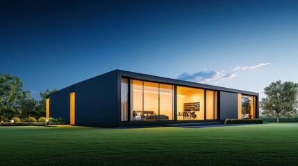 Fototapeta premium Modern Minimalist Home with Large Windows at Dusk in Open Landscape
