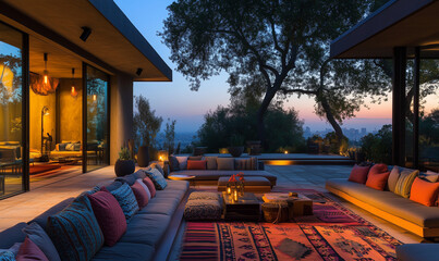 Chic outdoor patio with cushioned lounge furniture, offering a stylish retreat for relaxation and social gatherings