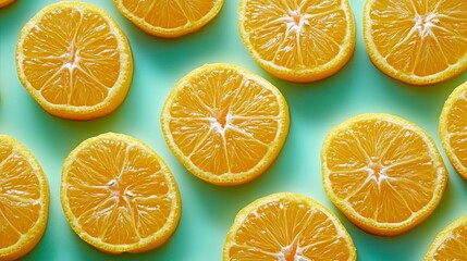 Obraz premium Bright, fresh slices of orange are beautifully arranged on a vibrant teal background, creating a vibrant and eye-catching composition that's perfect for food blogs, recipe books, or advertisements,