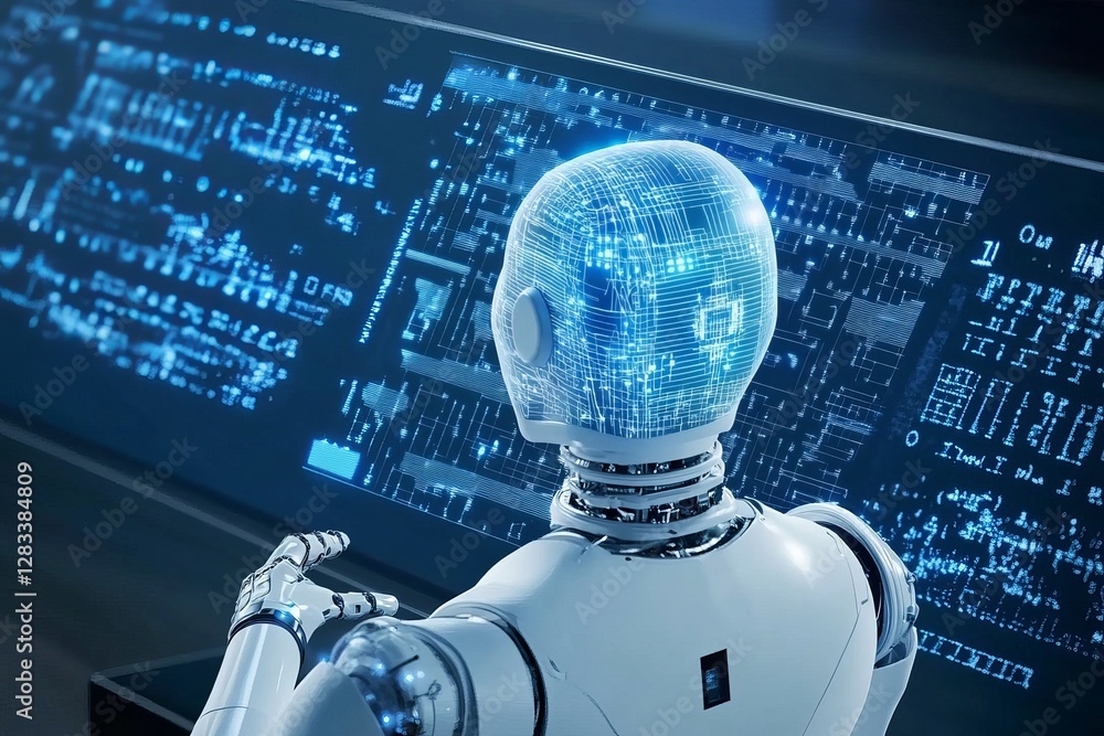 Poster futuristic robot analyzing digital data advanced technology screen artificial intelligence innovatio