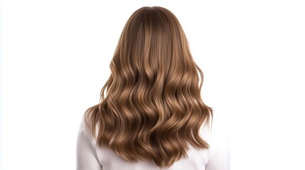 Naklejka premium A woman with long, beautiful hair standing against a white background, showcasing her hair.