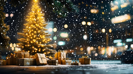 Obraz premium Illuminated Christmas Tree and Presents on Snowy Street with City Lights Background