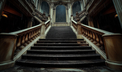 Grand marble staircase in an old theater evokes classic elegance and dramatic historical charm