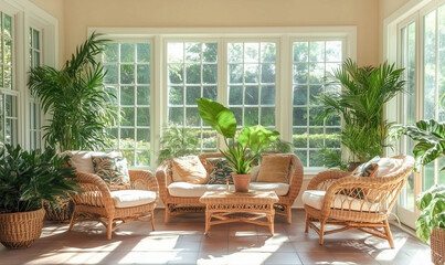Fototapeta premium Bright sunroom adorned with wicker furniture and tropical plants creating an inviting space with warmth
