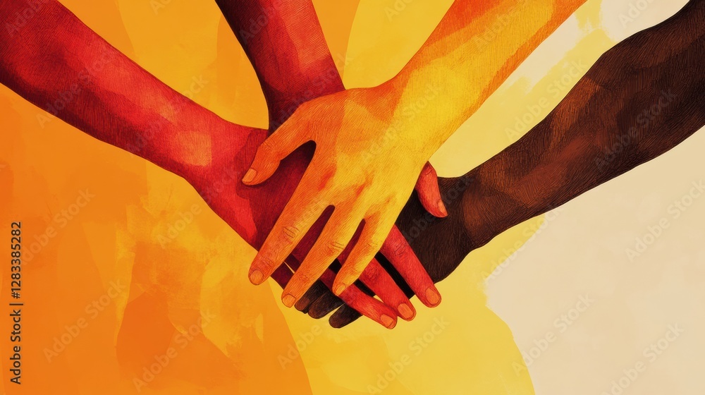 Aufkleber Interconnected hands symbolizing unity among diverse cultures and support for one another in a vibrant setting. Generative AI
