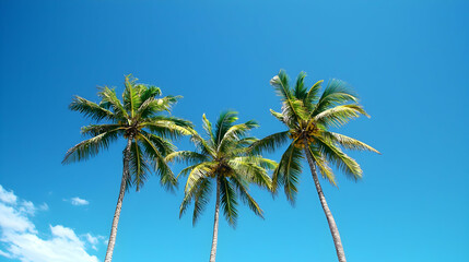 Three Tall Palm Trees With Green Leaves Under Bright Blue Sky and Sunlight