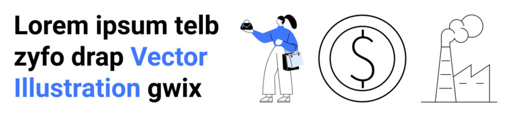 Professional holding bag and basket with cash coin symbol and industrial factory. Ideal for business, finance, economy, industry, commerce, entrepreneurship, flat landing page banner