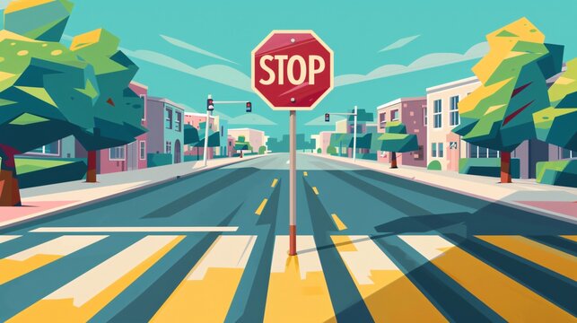 Yellow Stop Sign Controls Traffic at Pedestrian Crossing