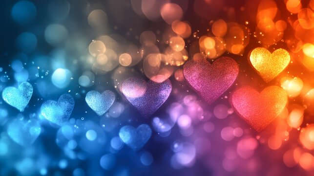 A vibrant illustration featuring sparkling hearts in various colors against a blurred, bokeh background, Ideal for use in romantic themes, invitations, or social media content highlighting love,