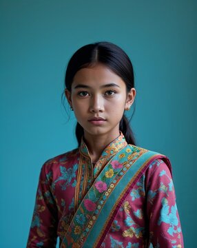 Cambodian female teen in a sampot on close up portrait plain turquoise background