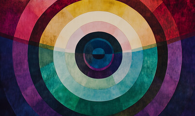 A striking circle surrounded by concentric rings in jewel tones creates a captivating geometric motif with modern elegance.