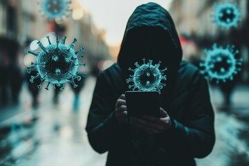 A hooded figure using a smartphone amid floating virus silhouettes in a city.