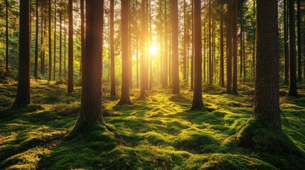 Obraz premium Sunlight Filtering Through Trees in a Lush Forest (1)