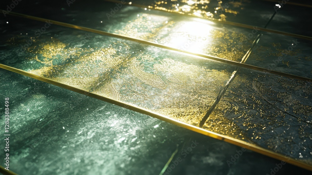 Poster reflective surface with intricate patterns and golden highlights