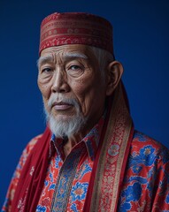 Obraz premium Close up portrait of a Malaysian elderly male in baju melayu wearing a songkok on a royal blue background