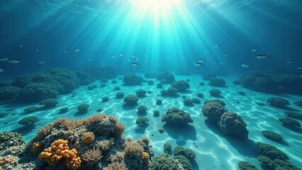 Obraz premium Split view of an underwater coral reef with clear turquoise water and cloudy sky above the ocean surface 