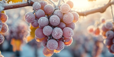 Frozen grapes on the vine during a beautiful sunrise in the vineyard, covered with hoarfrost