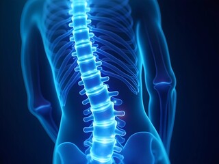 Futuristic 3D medical illustration of a human skeletal system with a glowing spine, highlighting spinal health, Perfect for healthcare, technology, medical and anatomy-related concepts
